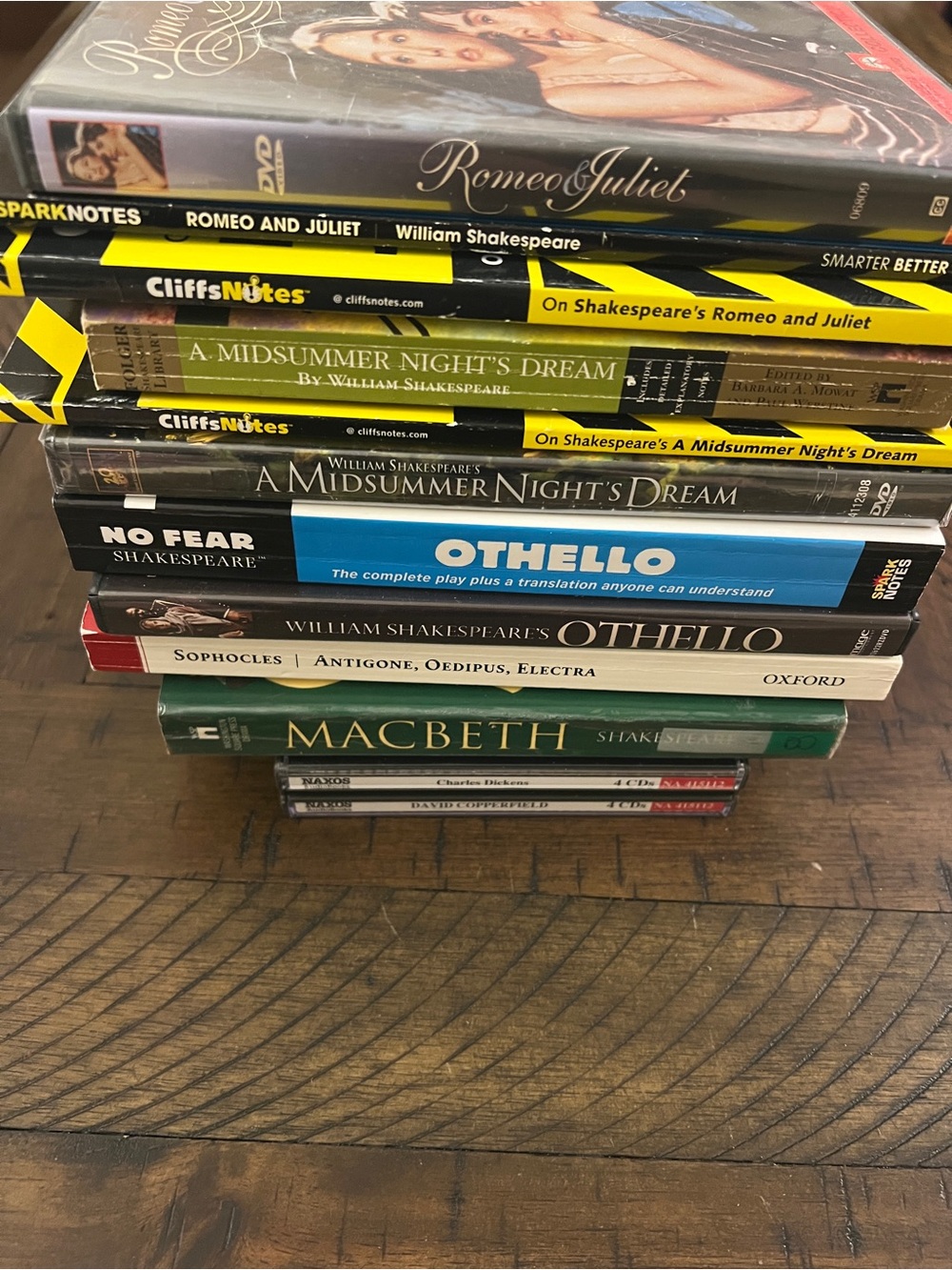 Assortment of Books, DVDs, SparkNotes, CliffsNotes, and Audio Book for School
